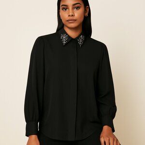 Elegant Black Blouse with Embellished Collar – Modern Works (Size M)